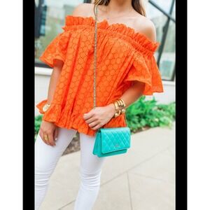 ASOS Orange Eyelet Off The Shoulder Ruffle Crop Top Blouse Shirt Women‎ US 2